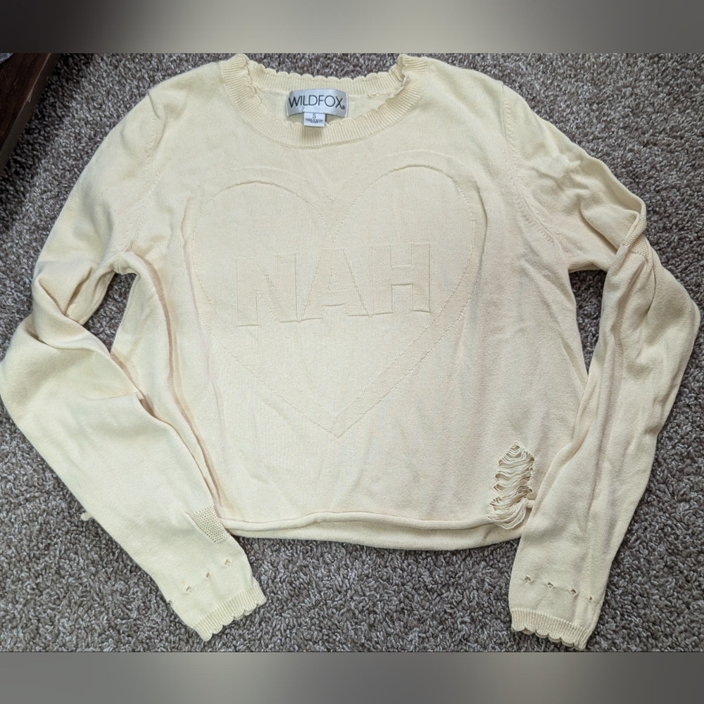 Wildfox Nah Heart Distressed Scalloped Collar Cream Lightweight Cotton Sweater ♥